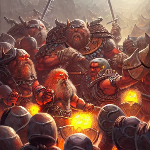 Prompt: painting of a single dwarven berserker facing a crew of crazy goblin warriors in deadly combat on a gladiator pit, sharp focus, high symmetry, award - winning, trending on artstation, masterpiece, highly detailed, intricate. art by terese nielsen