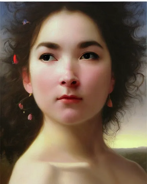 Image similar to beautiful glorious realistic oil painting of bjork, bokeh, baroque style by bouguereau, sunset, highly detailed, 8 k intricate