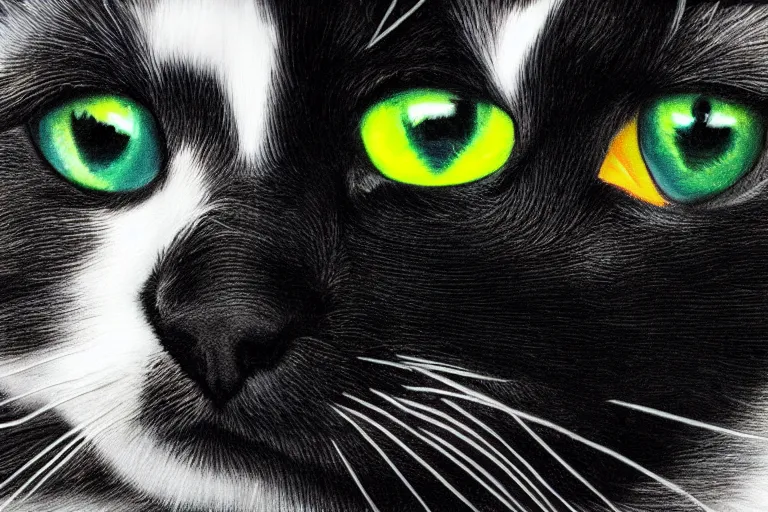 Image similar to a portrait of a beautiful black and white cat in space wearing a tuxedo with colorful bright green eyes, medium shot, hd, 8k, hyper-realism, detailed,