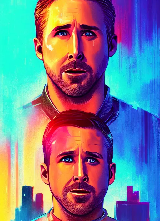 Image similar to ryan gosling in blade runner 2 0 4 9 portrait illustrated by rossdraws, vivid colors, soft lighting, bloom, digital artwork 4 k, best of artstation