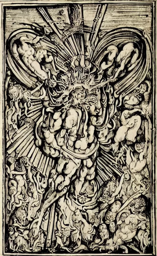 Image similar to an extremely detailed manuscript depicting a monstrous image of the god apollo transforming into a stylized sun, medieval, renaissance, manuscript, woodcut, in the style of albrecht durer, alchemical symbols