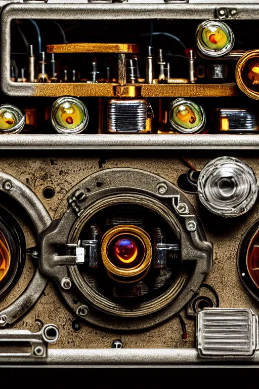 Image similar to A photo of a very old opened camera with vacuum tubes, capacitors and coils inside by Wes Anderson, grungy, weathered Ultra detailed, hyper realistic, 4k