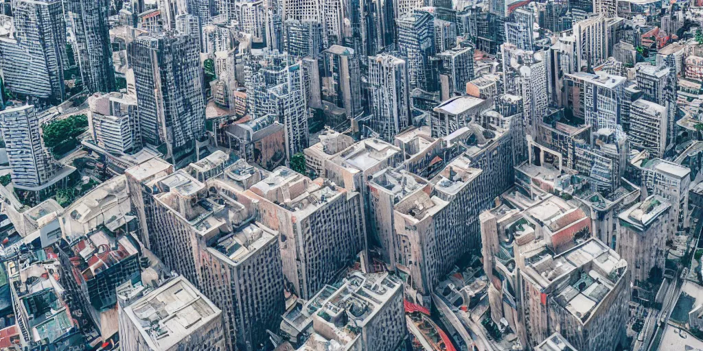 Image similar to drone view of a Brutalist architecture city with a large road through,sharp focus,telephoto lens,3D digital art 4k