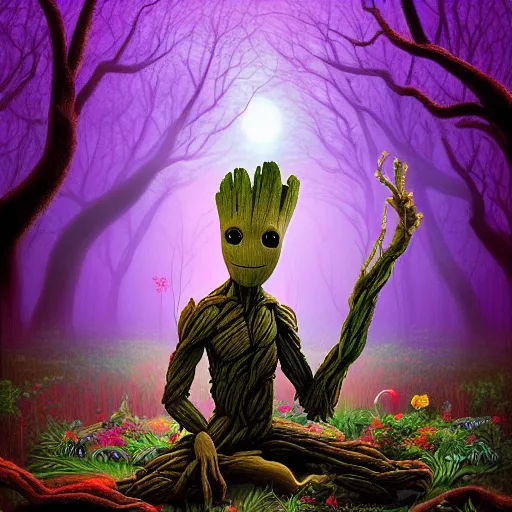 Prompt: Groot meditating in a beautiful forest with many different animals, dynamic, energetic, colourful, exciting, by Igor Zenin