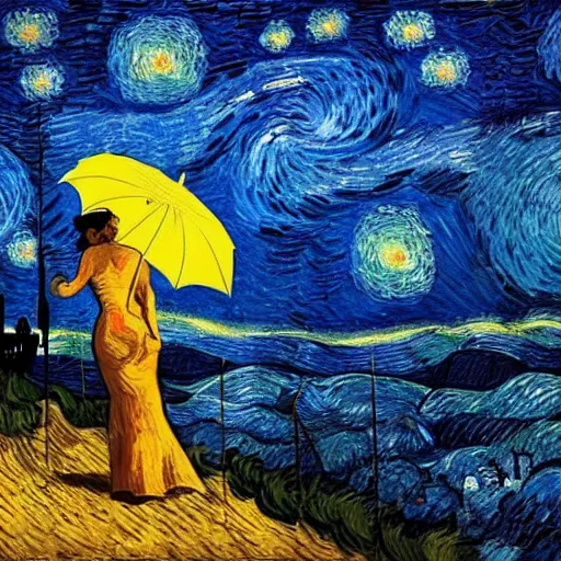 Image similar to silhouette of a flying girl with an umbrella in the style of starry nights. van gogh, cinematic composition. art station is on trend. beautiful lighting, super - detailed.