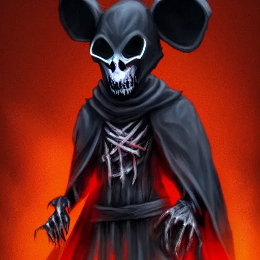 Image similar to a ghostly anthropomorphic rat with skull face and glowing red eyes wearing black tattered robes and holding two blue flames, grim reaper except a rat, photorealistic, artstation