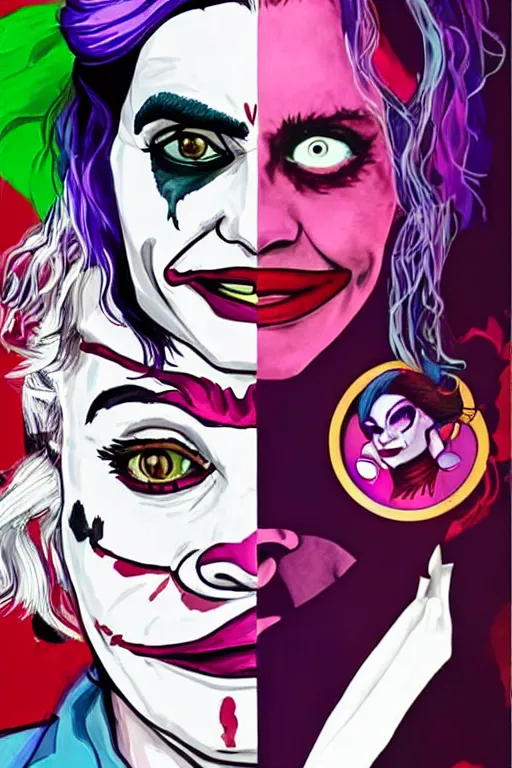 Image similar to joaquin phoenix as joker and lady gaga as harley quin love each other, fix duplicate content!, violet polsangi pop art, gta chinatown wars art style, bioshock infinite art style, incrinate, realistic anatomy, hyperrealistic, two colors, white frame, content proportion