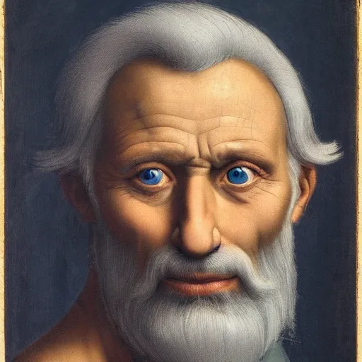 Image similar to A hyper realistic portrait of a man in his 40s, grey hair reaching to the shoulders, beard, blue eyes, scarred face, by michelangelo