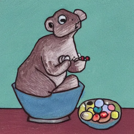 Prompt: a miserable little creature eating a bowl of marbles