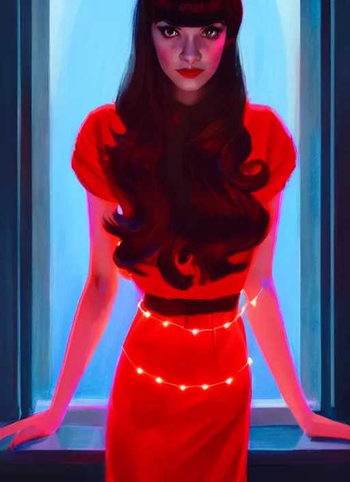 Image similar to portrait of veronica lodge with bangs, 1 9 6 0 s, long hair, red clothes, bangs, intricate, elegant, glowing lights, highly detailed, digital painting, artstation, concept art, smooth, sharp focus, illustration, art by wlop, mars ravelo and greg rutkowski