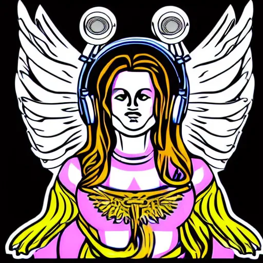 Image similar to svg vector sticker of absolutely divine-deity-angel, rocking out, wearing headphones, huge speakers, dancing, rave, DJ, spinning records, digital art, amazing composition, rule-of-thirds, award-winning, trending on artstation, featured on deviantart