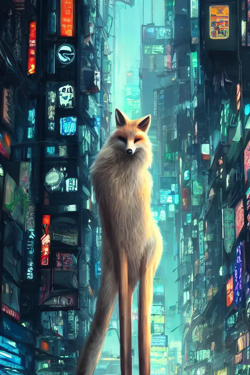 Image similar to beautiful portrait of a tall white female anthro fox smoking a cigarette towering head and shoulders above the bustling crowd of a rainy city street around her, cyberpunk clothes, cyberpunk, harsh neon lights, highly detailed, sharp focus, digital painting, illustration, trending on artstation, art by sakimichan, wlop, greg rutkowski