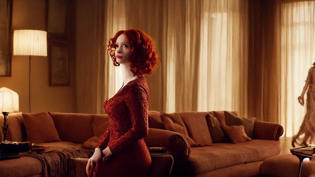 Image similar to Christina Hendricks in the living room, film still from the movie directed by Denis Villeneuve with art direction by Salvador Dalí, wide lens