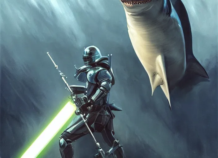 Image similar to beautiful oil matte portrait painting, thresher shark in knight armor, blue shark, holding a lightsaber, fantasy, wonderful masterpiece highly detailed, scifi, beautiful cinematic light deep focus, elegant, digital painting, smooth, sharp focus, golden ratio, dramatic illumination, ultra realistic, 8 k, art by jimmy law