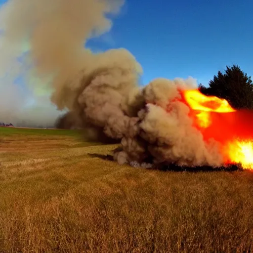 Prompt: fisheye skate video style photo of a burning building in an empty field, yellow red tones, hyper realistic, wide, wheat blowing in the wind