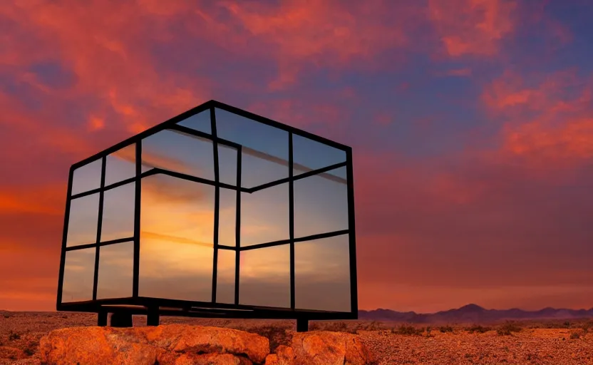 Image similar to giant black reflecting metal cube, standing in the mojave desert, dawn, orange sky, dslr photo, cinematic