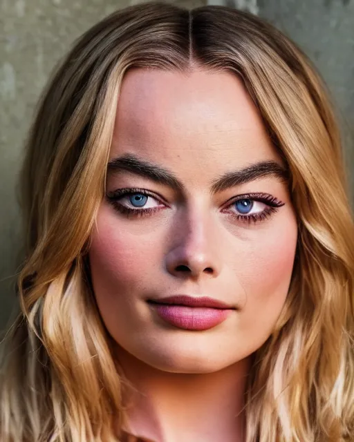 Image similar to A portrait of a margot robbie in a cosplay uniform, piercing eyes, highly detailed, bokeh, professional photograph, full body shot 4K, HD