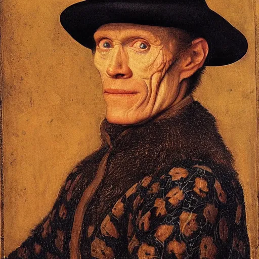 Image similar to portrait of willem dafoe, oil painting by jan van eyck, northern renaissance art, oil on canvas, wet - on - wet technique, realistic, expressive emotions, intricate textures, illusionistic detail