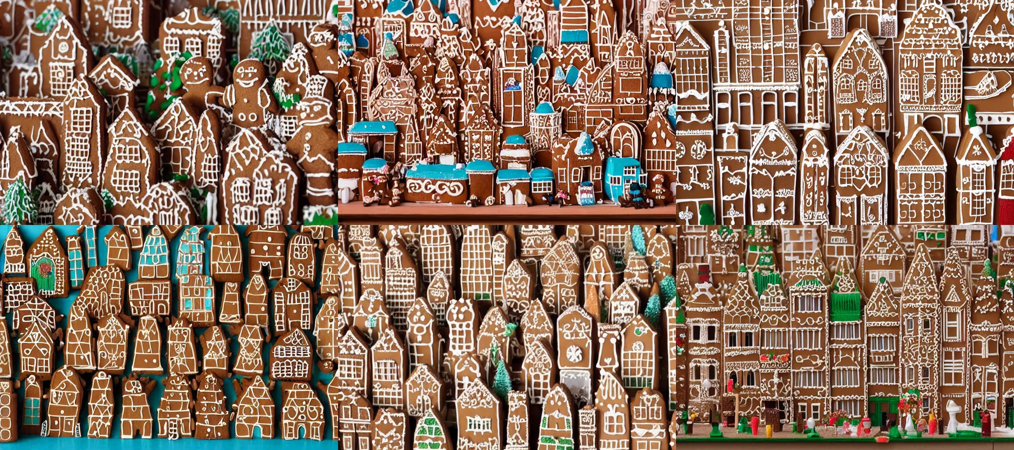 Prompt: A cityscape made of gingerbread houses, still from a Wes Anderson film