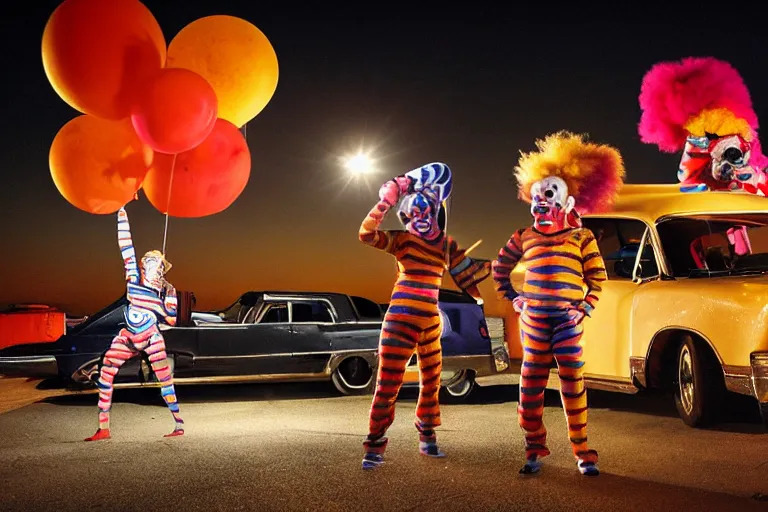 Image similar to 2 0 clowns leaving a clowncar at a california drive in, in 2 0 1 2, cutecore clowncore, bathed in the the glow of the sunset, low - light photograph, in style of monkeybone