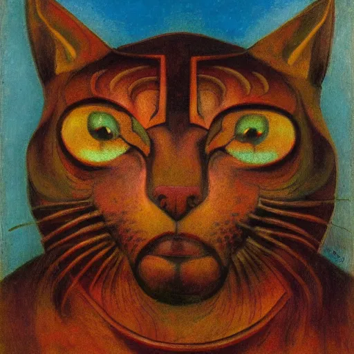 Prompt: cloisonne cat head sculpture, by annie swynnerton and diego rivera and nicholas roerich and jean delville, symbolist, dramatic lighting, god rays, art brut, rich colors, smooth, sharp focus, extremely detailed, adolf wolfli, by janet fish