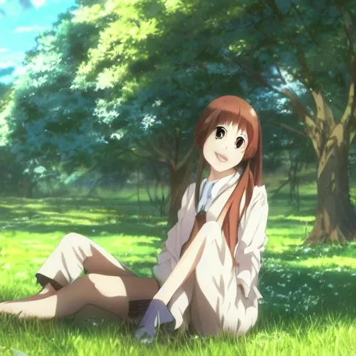 Image similar to photorealistic, a beautiful smiling anime girl with brown hair and high ponytail sitting under a tree, anime key visual, digital art, anime screenshot, kyoto animation, makoto shinkai, trending on pixiv