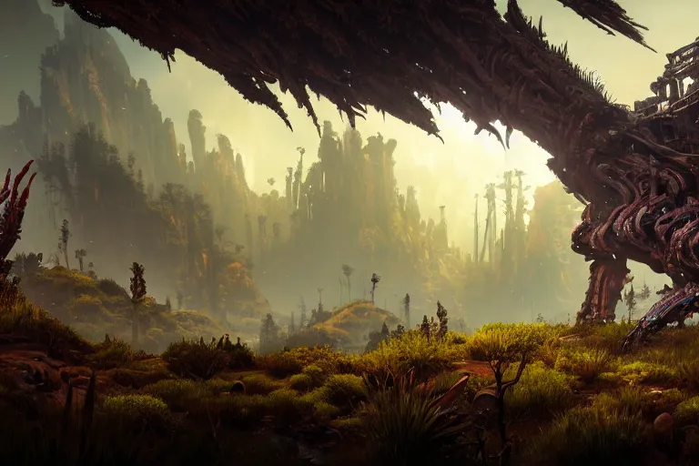 Image similar to wide epic shot from horizon forbidden west. a hyper detailed organic mechanic creatuve realistic similar look as horizon forbidden west horizon zero dawn, bioluminiscence in a dark deep forest at dawn in spring, with reflection and textures, by kilian eng, substance painter reaslitic mech surface metal painted scratches, world env from horizon forbidden west horizon zero dawn