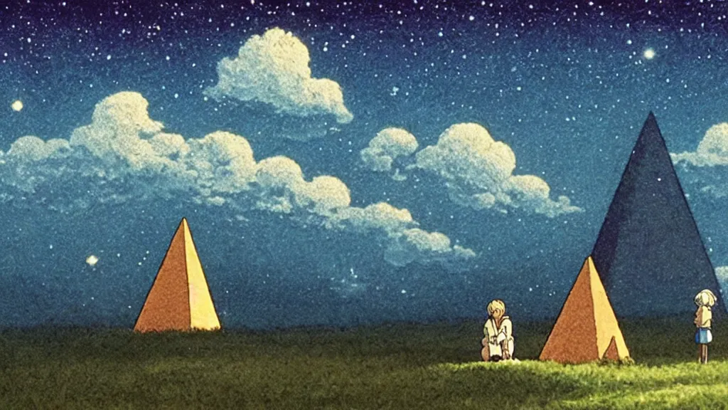 Image similar to a movie still from a studio ghibli film showing one large white pyramid and a golden ufo on a misty and starry night. by studio ghibli