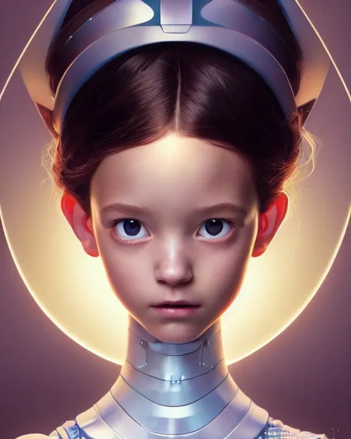 Image similar to weta disney pixar movie still head and torso portrait photo of young millie alicia bobby vikander brown as thoughtful intricate detailed mechanical white plastic cyborg girl by pixar, by weta, wlop, ilya kuvshinov, rossdraws, artgerm, latex, iridescent, bright morning, anime, liosh, mucha