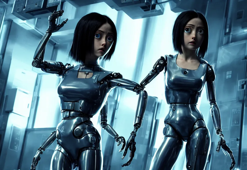 Image similar to shot of film alita by cyberpunk and syntwave syle, human like a cyborg, character design, full body in data center, extreamly detailed data center, symmetry, realistic, cinematic, awesome composition, color balance, professional lighting diffracted lightray, trending on artstation, volumetric lighting, octane render