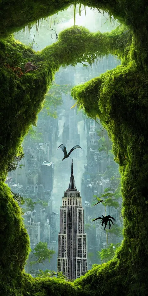 Image similar to an epic view of vines and moss growing on the empire state building, moss, jungle, with pterosaurs flying, close - up, low angle, wide angle, atmospheric, volumetric lighting, cinematic, 8 k, octane render, unreal engine, very realistic, highly detailed digital art, painted by tyler edlin