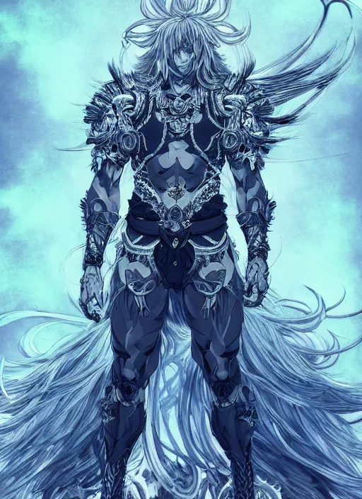 Image similar to Full body portrait of god with long silver hair, half man half wolf, wearing ornate pale blue attire. In style of Yoji Shinkawa and Hyung-tae Kim, trending on ArtStation, dark fantasy, great composition, concept art, highly detailed, dynamic pose.