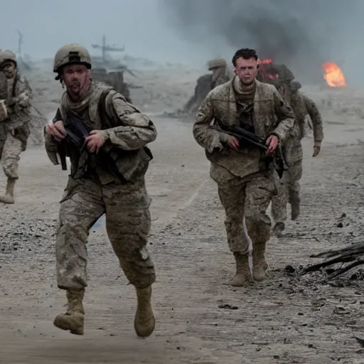 Image similar to american soldiers running at the camera with rifles during normandy beach landing with fiery explosions and debris and dead bodies and limbs all around them in the style of the movie lone survivor and saving private ryan, gritty, 4 k, cinematic lighting,
