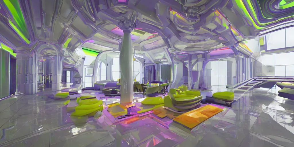 Prompt: colourful futuristic interior baroque, big open floor, 3 d render v - ray photo realistic, 8 k