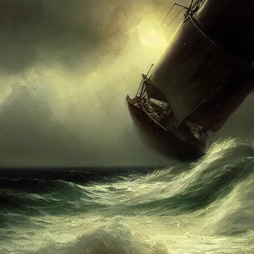 Image similar to an old sailboat in stormy waters at sea, epic fantasy art, digital art, by greg rutkowski and arnold bocklin, artstation