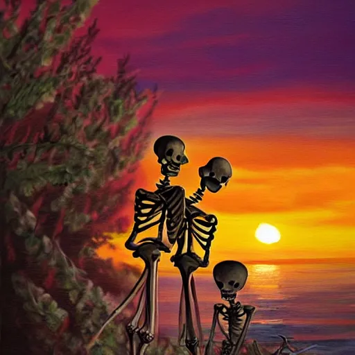 Prompt: skeleton wedding, sunset, cheerful, painting