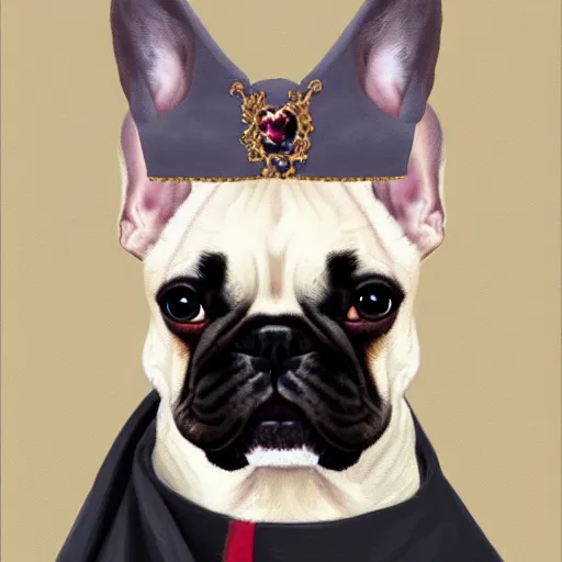 Prompt: a renaissance style portrait painting of a small mostly white female french bulldog with drooping ears, wearing a crown and cape, dark background. trending on artstation.