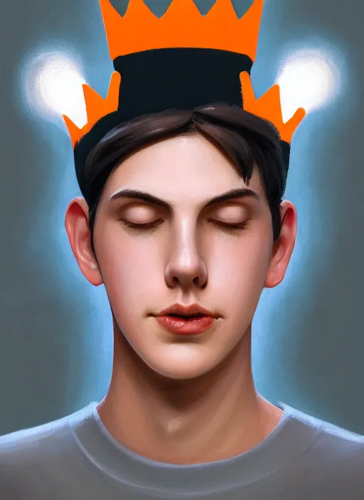 Image similar to portrait of teenage jughead jones wearing a light grey crown, symmetrical crown, hamburger background, eyes closed, crown, black hair, orange, intricate, elegant, glowing lights, warm lighting, highly detailed, digital painting, artstation, concept art, smooth, sharp focus, illustration, art by wlop, mars ravelo and greg rutkowski