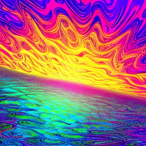 Prompt: insanely psychedelic ocean, ripples, backlit, sunset, refracted lighting, outdoors, paisley pattern, elegant, highly detailed, digital painting, artstation, illustration, smooth, sharp focus, psychedelic ocean art