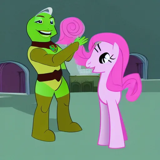 Prompt: pinky pie from my little pony talking to a teenage mutant ninja turtle