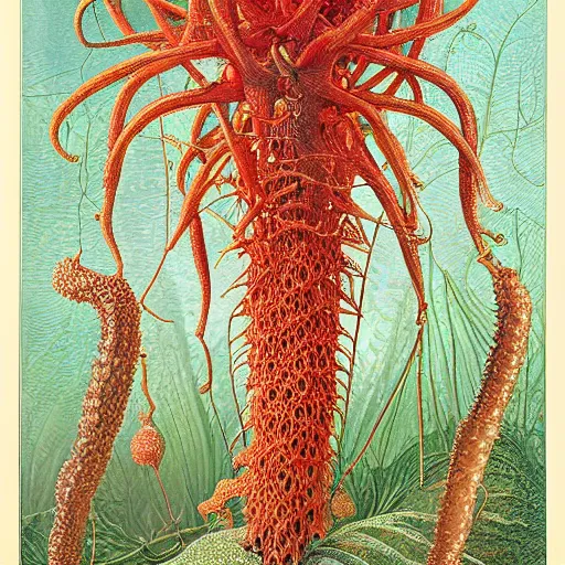 Image similar to Botanical illustration of sentient Clathrus ruber cordyceps slime mold in its native habitat by Haeckel and, ultradetailed digital art, vivid natural color hues