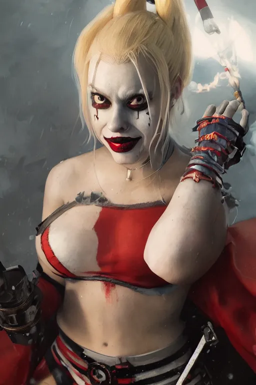 Image similar to a high detail portrait of a horrific Harley Quinn by Greg Rutkowski, Sung Choi, Mitchell Mohrhauser, Maciej Kuciara, Johnson Ting, Maxim Verehin, Peter Konig, final fantasy , mythical, 8k photorealistic, cinematic lighting, HD, high details, atmospheric,