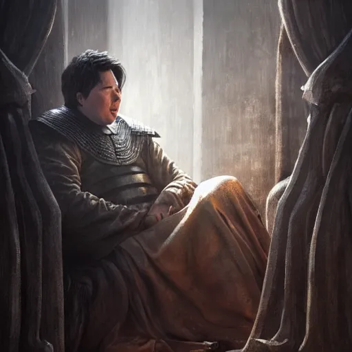 Image similar to michael mcintyre in a scene from game of thrones, anatomy, bathed in light, highly detailed, photorealistic, artstation, smooth, sharp focus, illustration, unreal engine 5, 8 k, art by artgerm and greg rutkowski and edgar maxence