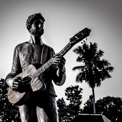 Prompt: Statue of David, strumming his guitar on the live stage, backlighting, highly detailed, award-winning, photograph