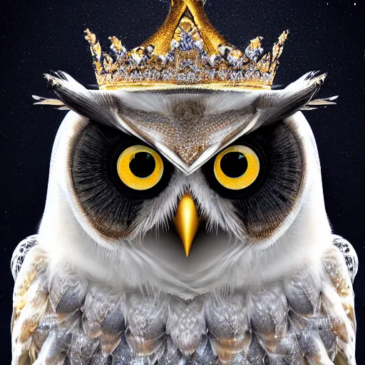 Image similar to detailed portrait of a magical owl, wearing a diamond crown, glowing feathers, halfway through, digital art, realistic, character design, artstation, octane render