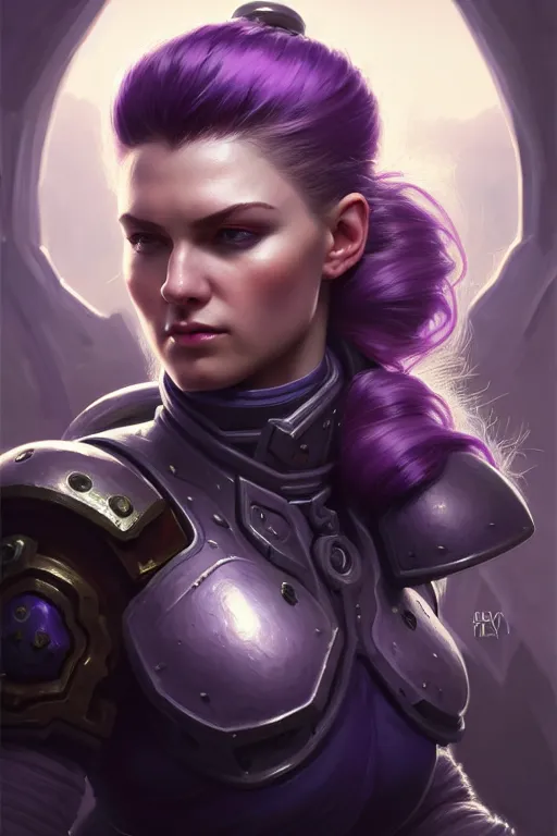 Image similar to alexey gurylev, close up portrait, pale woman in power armor with purple ponytail hair, stoic, focused, powerful, d & d, fantasy, complex, elegant, highly detailed, digital painting, artstation, concept art, matte, clear focus, illustration, hearthstone, artgerm art, greg rutkovsky and alphonse mucha