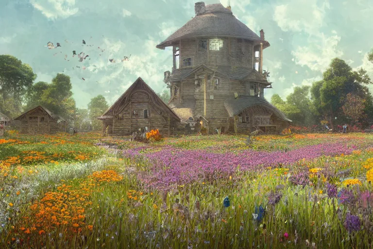 Prompt: a beautiful digital painting of a sprawling mushroom house in a field of flowers, beautiful day, stream, by greg rutkowski, gerald brom, marc simonetti, jean - baptiste monge, and alphonse mucha, symmetry, complementary colors, ink illustration, trending on artstation