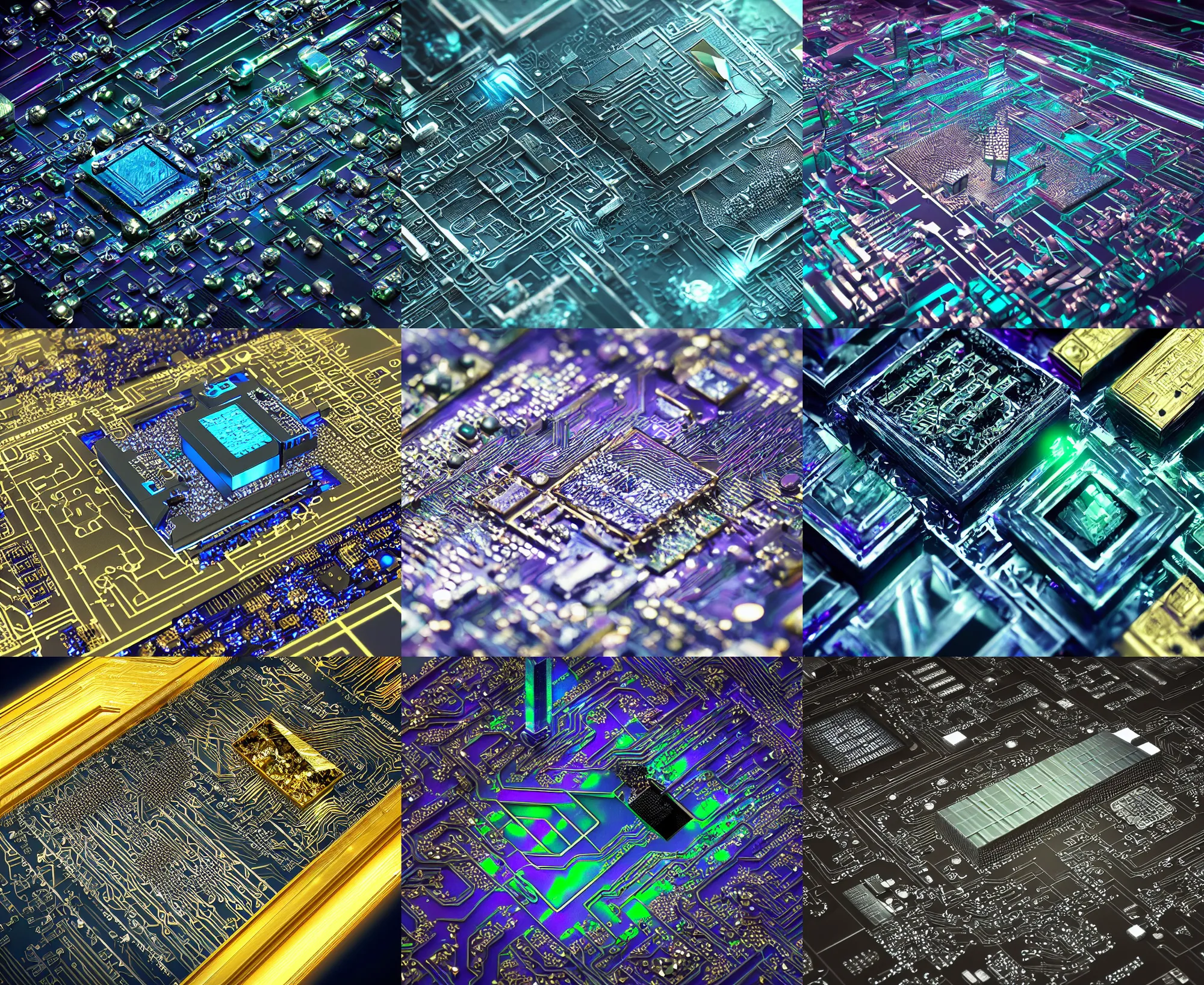 Prompt: circuit board processor block, 3 d ray traced photorealistic render, moody beautiful colors, futuristic, squares, crystal nodes, shiny, high angle shot with sharp realistic intricate detail, iridescent glowing chips, precious metals, treasure artifact