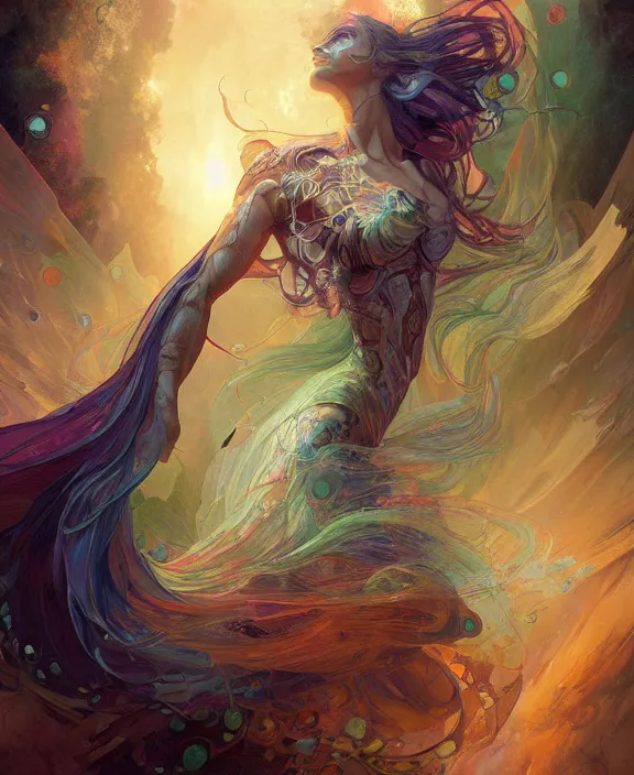 Image similar to a whirlwind of souls rushing inside the metaverse, half body, glowin eyes, insect, lizard, d & d, fantasy, intricate, elegant, highly detailed, colorful, vivid color, digital painting, artstation, concept art, art by artgerm and greg rutkowski and alphonse mucha and ruan jia