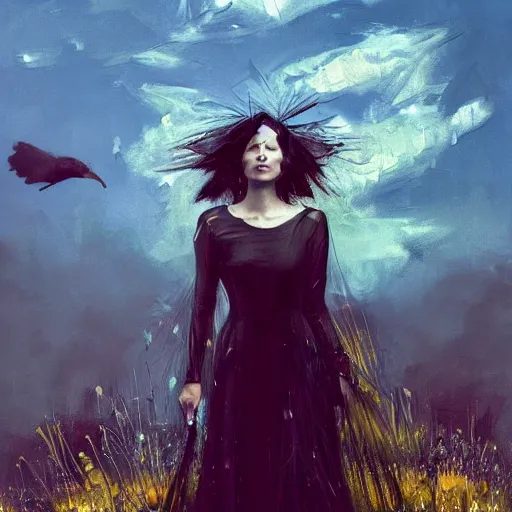 Prompt: morning, a woman in a black dress with a raven head. sun, cinematic, clouds, vogue cover style, contracting colors mood, realistic painting, intricate oil painting, high detail, figurative art, multiple exposure, poster art, 3 d, by simon bisley, ismail inceoglu, wadim kashin, filip hodas.